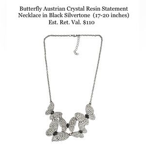 Butterfly Austrian Crystal Resin Statement Necklace in Black Silvertone